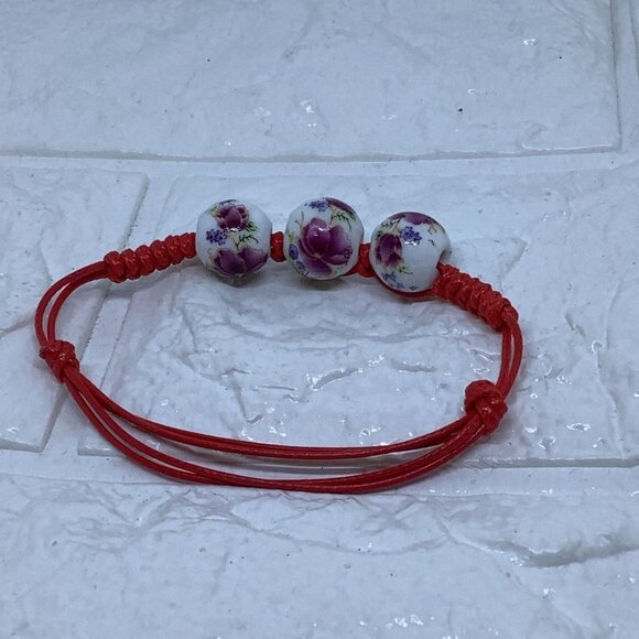 Floral Beads Bracelet Adjustable Women’s Red - Picture 4 of 4